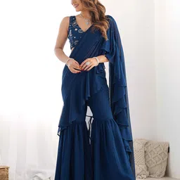 TextileNow Floral Embroidered Poly Georgette Ready to Wear Saree-16
