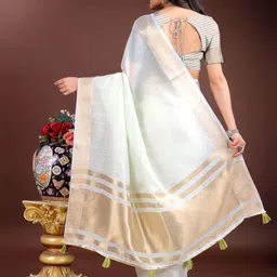 Astita Solid Saree with Contrast Zari Border Tassels image 3