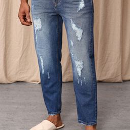 Mr Bowerbird Men Cropped Tapered Fit Mildly Distressed Heavy Fade Printed Jeans-image-90