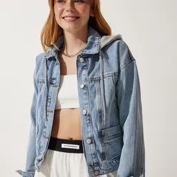 Happiness istanbul Women Washed Checked Denim Jacket-image-62