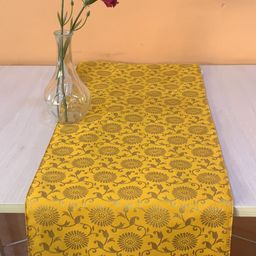 Pink Parrot Yellow Printed Jacquard Silk Table Runner With Tassels-14