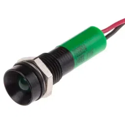 RS PRO Green Panel Mount Indicator 24V DC, Mounting Hole Size 8 mm, Termination Type Lead Wires, IP Rating IP67, Model No 7239514-27