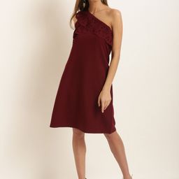 Marie Claire Women Maroon Solid One Shoulder A-Line Dress-image-46