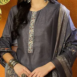 AHIKA Floral Printed Regular Thread Work Straight Kurta with Trousers & Dupatta image 2