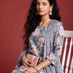 Anouk Floral Print Regular Pure Cotton Kurta with Trousers & Dupatta-picture-2