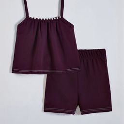 Hopscotch Girls Maroon Pearl Embellished Blouse & Shorts-picture-7