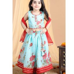 Kinder Kids Sleeveless Floral Printed & Gota Lace Embellished Coordinating Lehenga & Choli Set - Blue-image-99