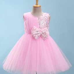Bluebell Sleeveless Party Frock With Bow Applique & Sequin Detailing - Pink-image-0