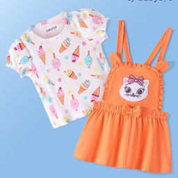 Babyoye Cotton Frock with Half Sleeves Inner T-Shirt With Ice Cream Print & Kitty Embroidery- Bright White & Papaya Orange-image-34