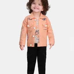 DOTSON Cotton Modal Tee & Pant Set With Full Sleeves Placement Typography Printed Jacket - Orange-picture-32