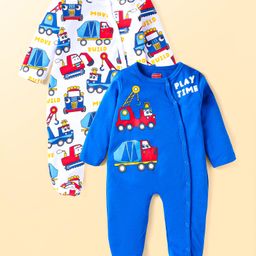 Babyhug Cotton Knit Full Sleeves Sleep Suits With Construction Vehicles Print Pack Of 2 - White & Navy-image-108