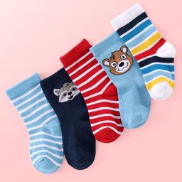 Cutewalk By Babyhug Anti Bacterial Ankle Length Striped & Teddy Bear Design Socks Pack of 5 - Blue Red & White-image-43