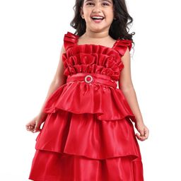 Babyhug Woven Sleeveless Layered Party Frock With Frill Detailing - Red-image-16