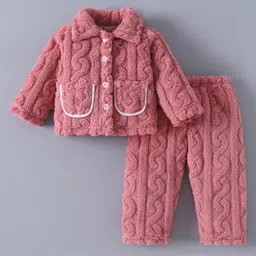 Kookie Kids Full Sleeves Collared Winter Wear Night Suit - Maroon-picture-3