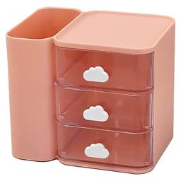 House of Quirk 3 Tier with 1 Holder Transparent Cosmetic Jewelry Box Office Desktop Drawer Storage Box Plastic Multi Layer Small Storage Box-Pink-picture-13