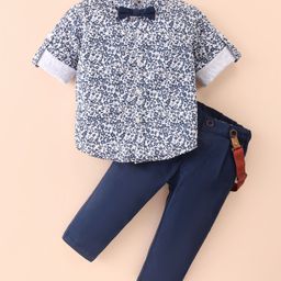 ToffyHouse 100% Cotton Woven Full Sleeves Floral Printed Shirt & Trouser Set with Bow & Suspender - Navy Blue-image-113