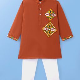Dapper Dudes Full Sleeves Floral Embroidered Kurta Pyjama - Orange-image-83