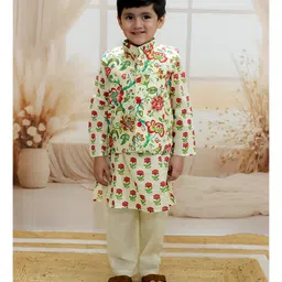 BownBee Pure Cotton Full Sleeves Floral Printed Kurta With Coordinating Jacket & Solid Pyjama - Off White-picture-30