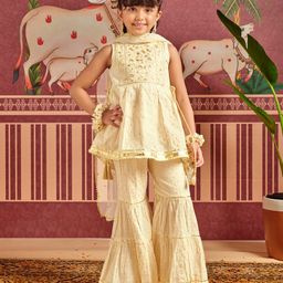 MASTARANG Sleeveless Floral Embroidered & Gota Lace Embellished Coordinating Kurta Sharara With Dupatta Set - Off White-image-49