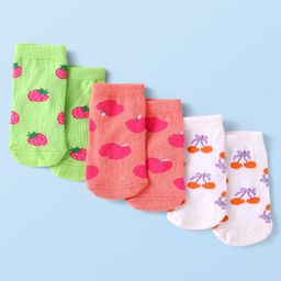 Cute Walk by Babyhug Knit Ankle Length Antibacterial Socks with Fruits Design Pack of 3 - Light Green Coral & White-image-42
