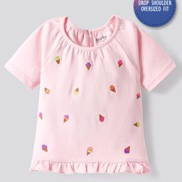 Bonfino 100% Cotton Knit Half Raglan Sleeves Top with Ice Cream Embrioidery & Frill Detailing - Pink-picture-26