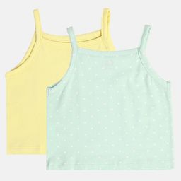 MINI KLUB Cotton Pack Of 2 Sleeveless Solid & Polka Dots Printed Camisoles - Yellow & Green-image-80