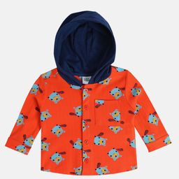 MINI KLUB Cotton Full Sleeves Animal Printed Hooded Shirt - Orange-image-52
