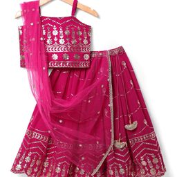Babyhug Sleeveless Floral Sequenced Embroidered Choli Lehenga & Dupatta Set with Tassel Detailing - Dark Pink-image-72