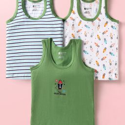 Bodycare Cotton Knit Sleeveless Vests with Stripes & Rocket Print Pack of 3 - Olive Green & White-image-48