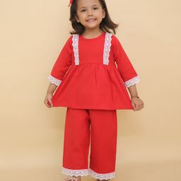 Little Ginnie Cotton Woven Three Fourth Sleeves Floral Embroidered Lace Detailed Kurta Pant Set - Red-image-83