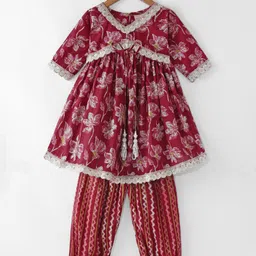 Ridokidz Three Fourth Sleeves Floral Printed & Gota Lace Embellished Kurti Salwar Set - Maroon-picture-11