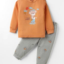 Pink Rabbit Interlock Knit Full Sleeves Night Suit With Animal Print - Orange-picture-46