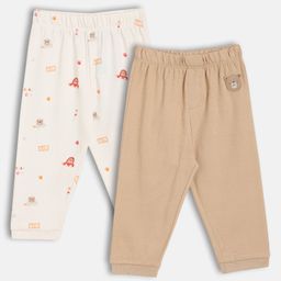 MINI KLUB Cotton Knit Pack Of 2 Teddy Bear & Vehices Printed Pants - Off White & Beige-image-96