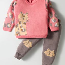 ToffyHouse Knitted Cotton Full Sleeves Winter Wear Suit With Animals Print - Light Red & Brown-picture-2