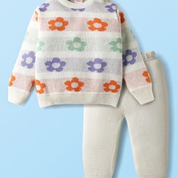 Babyhug Knitted Full Sleeves Sweater Set With Floral Design - White-image-55
