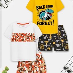 Trampoline Cotton Knit Pack Of 2 Half Sleeves Camouflage & Dinosaur Printed Tee With Coordinating Shorts Set - Multi Colour-11