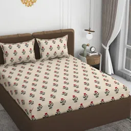 VOMZER Beige Floral 210 TC Queen Bedsheet with 2 Pillow Covers-picture-49