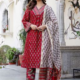 THE FAB FACTORY Floral Printed Pleated V-Neck A-Line Kurta With Trousers & Dupatta-image-66