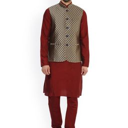 KISAH Men Beige & Navy Patterned Nehru Jacket image 5