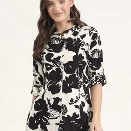 Divena Women Floral Print Mandarin Collar Roll-Up Sleeves Ethnic Shirt Style Top-picture-12