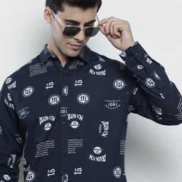 The Indian Garage Co Men Navy Blue & White Comfort Printed Cotton Shirt-image-88