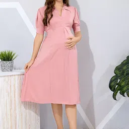 EASY MOM Women Shirt Collar Puff Sleeve Maternity A-Line Midi Dress-picture-3