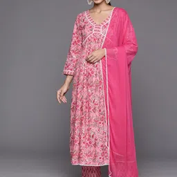 Varanga Women Floral Printed Empire Pure Cotton Kurta with Trousers & With Dupatta-picture-6