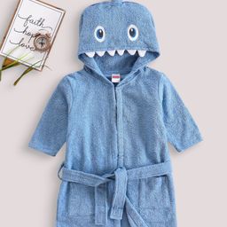 Babyhug Woven Terry  Full Sleeves Hooded Bath Robe Shark Design - Blue-image-77