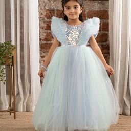 Ministitch Half Sleeves Ruffle Detailed & Sequin Embellished Fit & Flare Ball Gown - Sky Blue-image-99