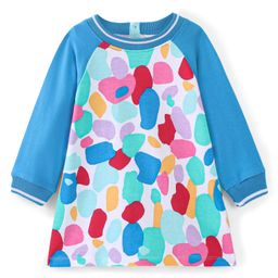 Babyhug Cotton Knit Raglan Sleeves Winter Frock with Abstract Print - Blue-image-26