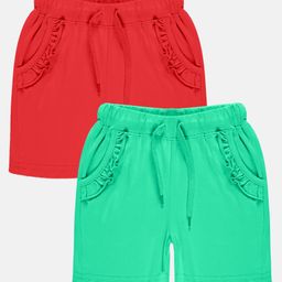 Kiddopanti Pack Of 2  Frill Detailed Pocket Hot Shorts -  Red & Aqua Green-image-52