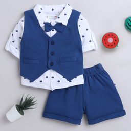 BUMZEE Full Sleeves Solid & Abstract Printed 3 Piece Shirt With Shorts - Navy & White-image-50