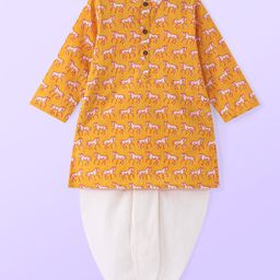 Babyhug Cambric Woven Full Sleeves Horse Printed Kurta & Dhoti Set - Mustard  & White-image-99