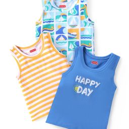 Babyhug 100% Cotton Knit Sleeveless Antibacterial Striped Sando Boat Print Pack of 3 - Multicolor-image-20
